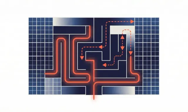 Un labyrinthe complexe avec une ligne orange lumineuse traversant les panneaux solaires. La sortie est loin s'en faut.