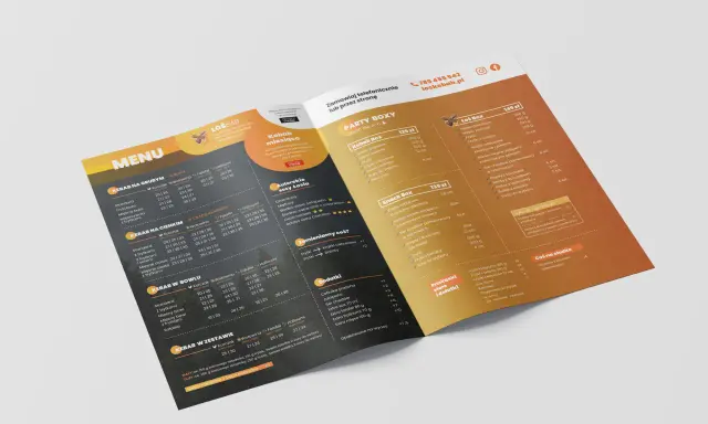 Materiały promocyjne przykłady: menu z ofertą kebabów, boxów i dodatków.