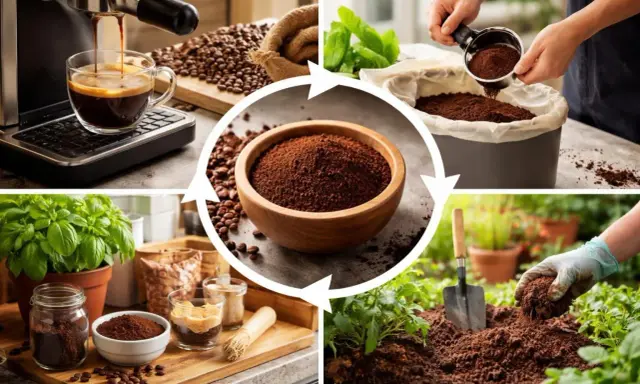 Cycle de vie du marc de café : de l'espresso à l'engrais pour plantes, en passant par le compostage. Le marc de café escargot nourrit la terre.