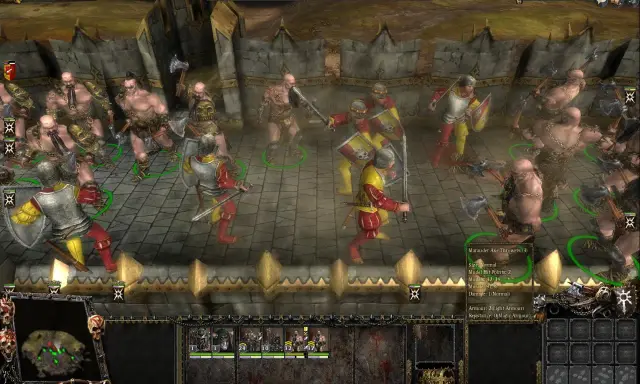 Starcia w Warhammer: Mark of Chaos. Żołnierze w zbrojach walczą z potężnymi wojownikami.
