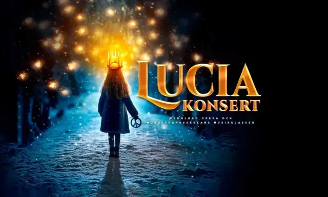 En flicka med ljuskrona går genom en snöig skog mot en "Lucia konsert".