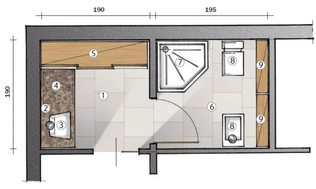 Progetto di un bagno con antibagno senza porta. Include lavabo, doccia, WC e lavatrice.