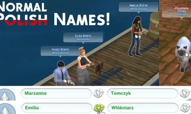 Mody do Simsów z polskimi imionami: Hugo, Eliza, Amelia i kotka Pestka. Na dole nazwiska: Marzanna, Tomczyk, Emilia, Włókniarz.