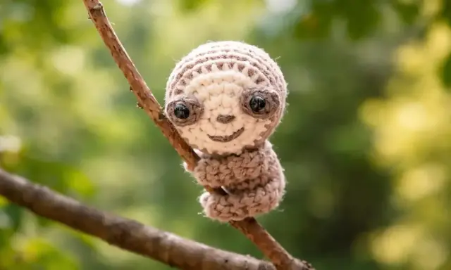 Adorable perezoso amigurumi de crochet, con grandes ojos y una sonrisa, aferrado a una rama.