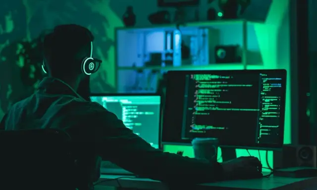 Programista w słuchawkach z podświetleniem pracuje nad kodem na dwóch monitorach. To jego kolejny przypadek testowy.