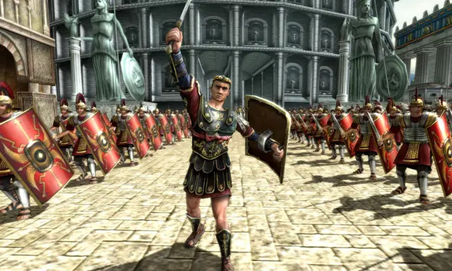 Rzymski legionista z mieczem wzniesionym ku górze, symbolizujący potęgę i upadek imperium. W tle kolumnada i żołnierze.