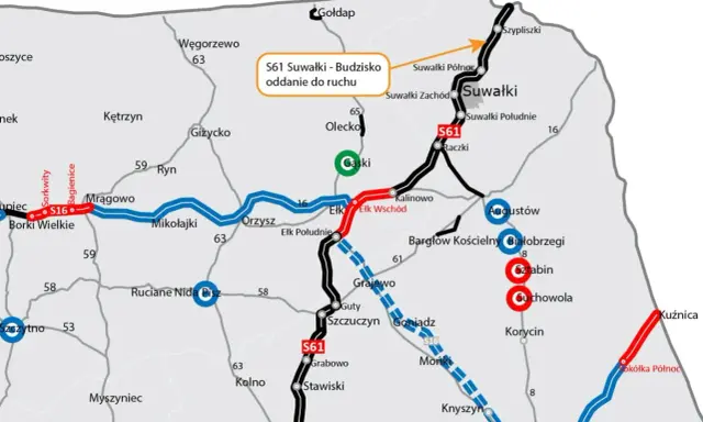 Mapa drogowa z zaznaczoną trasą S61. Widoczne miasta: Suwałki, Augustów, Ełk, Mrągowo. Oznaczenia odcinków dróg i miejscowości.