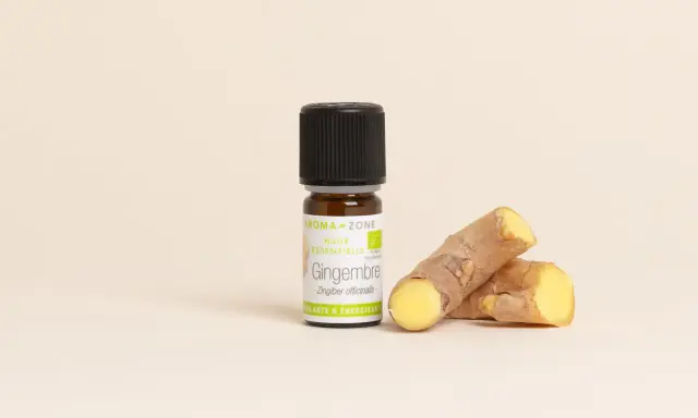 Flacon d'huile essentielle de gingembre bio, aux côtés de morceaux de rhizomes frais. Un concentré de vitalité.