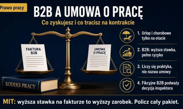 Waga porównuje fakturę B2B z umową o pracę. Prawo pracy wyjaśnia, co zyskujesz i tracisz na kontrakcie.