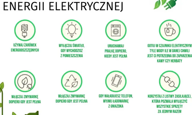 Grafika pokazuje, jak oszczędzać prąd: używaj żarówek energooszczędnych, wyłączaj światło, uruchamiaj pralkę i zmywarkę tylko gdy są pełne, wyjmuj ładowarkę z gniazdka.