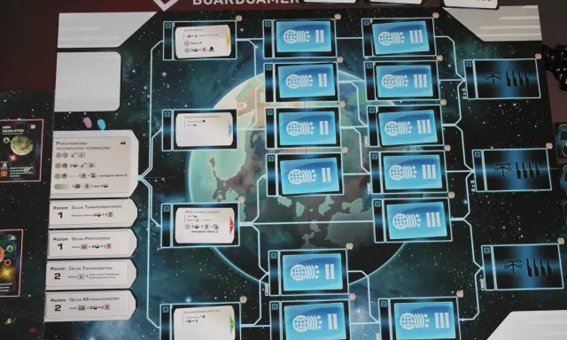 Plansza gry planszowej "Beyond the Sun", przedstawiająca kosmiczną technologię i rozwój cywilizacji.