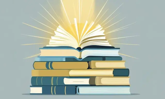 Una pila di libri, con quello in cima aperto e illuminato da raggi dorati, simboleggia la conoscenza e i libri del momento.