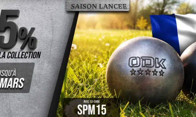Deux boules de pétanque ODK, symbole de la fabrication française, sur un fond d'herbe et de drapeau tricolore. Promotion -15%.