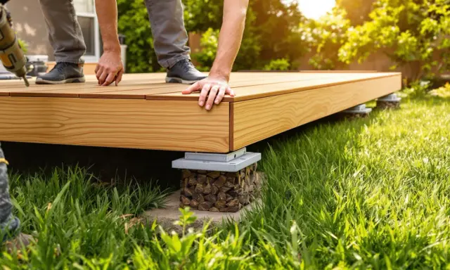 Construction d'une terrasse en bois sur pelouse. Des mains ajustent les lames d'une nouvelle terrasse sur des supports.