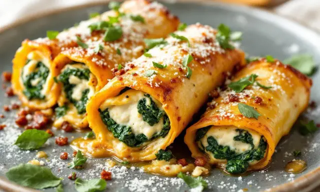 Cannelloni ricotta épinard, généreusement garnis et saupoudrés de parmesan, baignent dans une sauce savoureuse.
