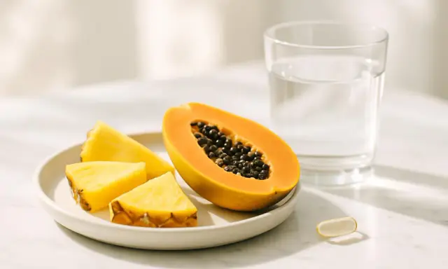 Frutta fresca e un integratore per il pancreas. Papaya, ananas e un bicchiere d'acqua, un aiuto naturale per il tuo benessere.