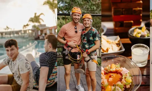 A gay couple enjoys a vacation in Tulum, Mexico, with poolside relaxation, zip-lining adventures, and delicious food.