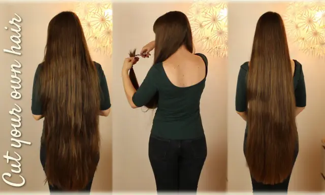 Frauen mit langen Haaren, die sich entscheiden, ihre Haare selber zu schneiden.