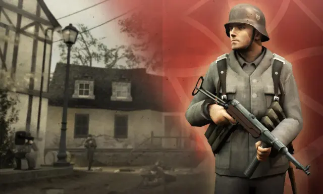 Żołnierz w mundurze z epoki II wojny światowej, gotowy do walki. W tle zniszczone miasto, idealne dla **gier o 2 wojnie światowej**.