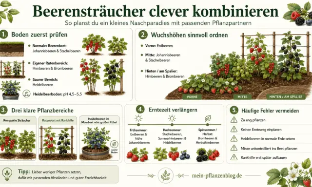 Tipps zum Beerenbeet anlegen: Boden prüfen, Wuchshöhen ordnen, Pflanzbereiche wählen, Erntezeit verlängern und Fehler vermeiden.