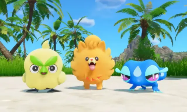 Trzy urocze Pokemony: żółty ptaszek, pomarańczowy piesek i niebieska żabka, na plaży z palmami. Idealne do gry Pokemon na Nintendo Switch!