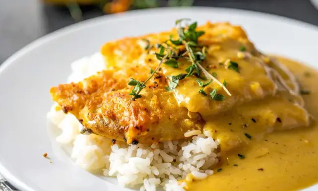 Poisson pané sur un lit de riz, nappé d'une onctueuse sauce moutarde et garni de thym frais. Un délice !