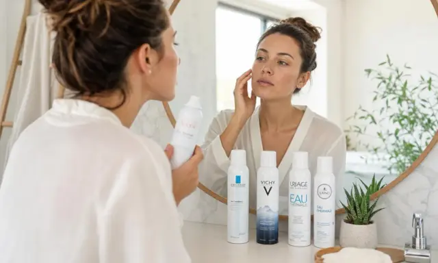 Une femme applique de l'eau thermale Avène sur son visage, entourée d'autres brumisateurs d'eau thermale.