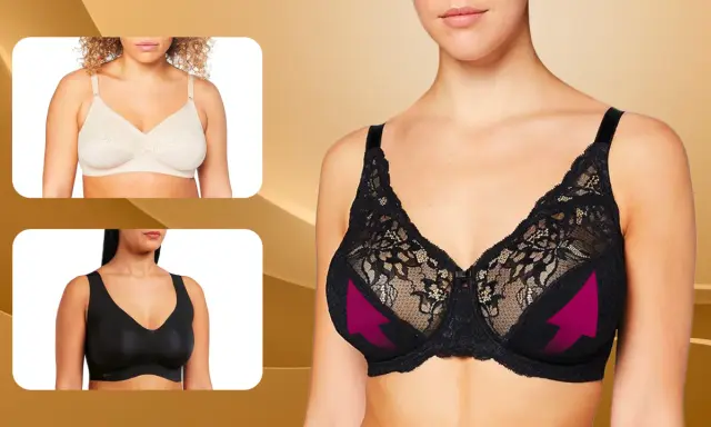 Modelli di reggiseni per donne con seni grandi, in pizzo nero e beige, e uno nero senza ferretti.