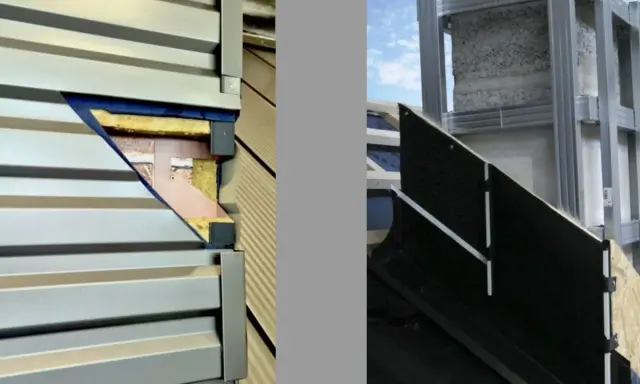 Szczegółowy przekrój pokazuje ocieplenie komina z wełną mineralną i okładziną. Widoczna konstrukcja stalowa i materiały izolacyjne.