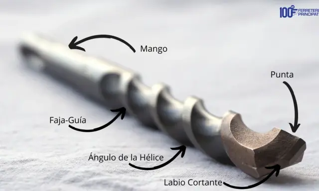 Broca con mango, punta y hélice, lista para hacer un agujero.