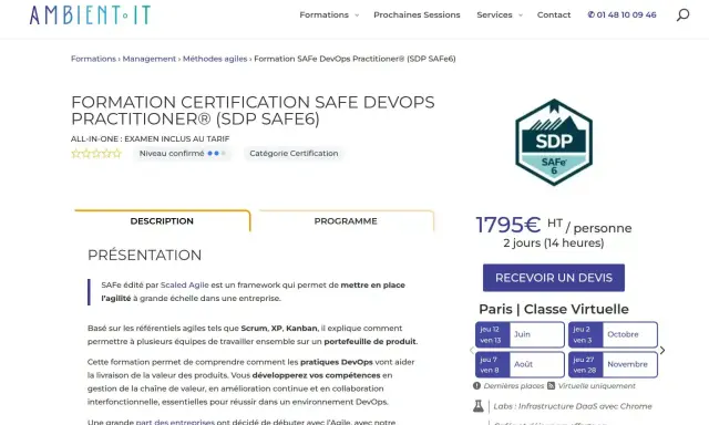 Formation certification SAFe DevOps Practitioner pour devenir un chef de projet agile certifié.