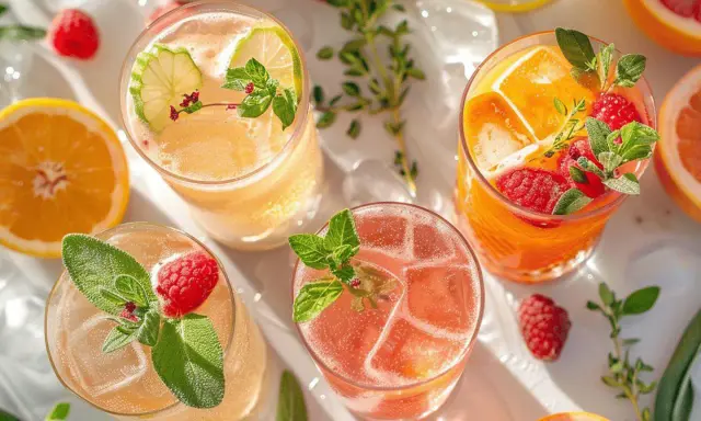 Cocktail gin jus de fruit, garni de fruits rouges et d'agrumes, prêt à rafraîchir.