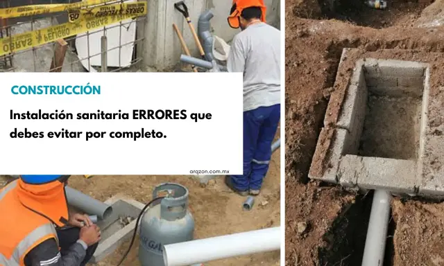 Construcción: errores comunes en la instalación sanitaria. Obreros trabajan en tuberías y una fosa de ladrillos.