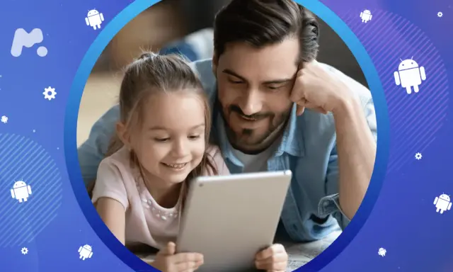 Ojciec i córka patrzą na tablet. Dowiedz się, jak zablokować internet w telefonie dziecka, by zapewnić mu bezpieczeństwo online.