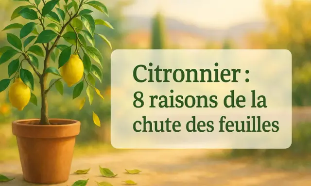 Un citronnier en pot perd ses feuilles. Le texte indique "Citronnier : 8 raisons de la chute des feuilles".