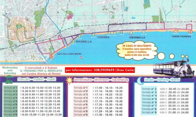 Mappa di Rimini con il percorso del trenino turistico, che collega il centro storico alle zone balneari come Viserba e Torre Pedrera. Orari del trenino Igea Marina.