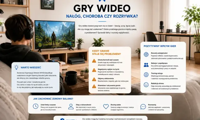 Chłopak gra w gry wideo, które mogą być rozrywką lub nałogiem. Kluczem jest umiar i świadome granie, by czerpać z nich korzyści.