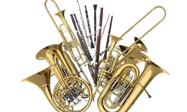 Un ensemble d'instruments à vent en laiton et en bois, incluant un tuba, un cor français, un trombone et des clarinettes.