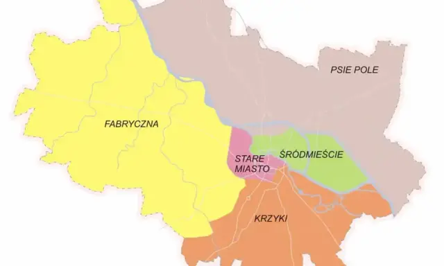 Mapa Wrocławia z podziałem na dzielnice: Fabryczna, Stare Miasto, Śródmieście, Krzyki i Psie Pole. Wrocław jakie województwo? Dolnośląskie.