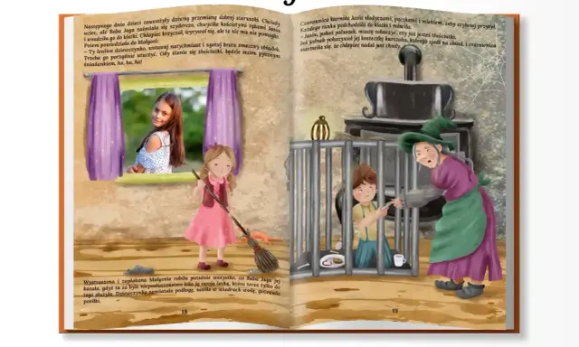 Ilustracja przedstawia czarownicę w zielonym kapeluszu i fioletowej sukni, która karmi chłopca w klatce.