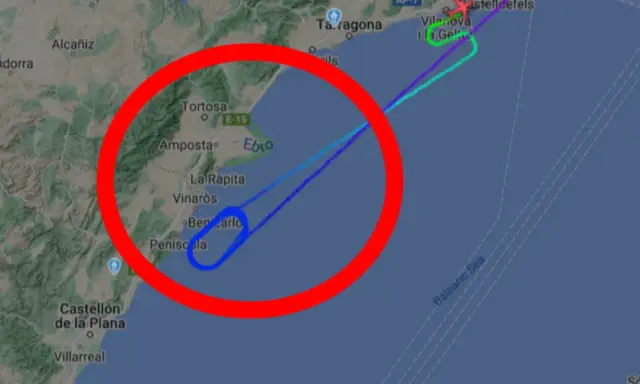 Trasa lotu Ryanair Łódź-Alicante nad wybrzeżem Hiszpanii, z zaznaczonym obszarem wokół Benicarló.