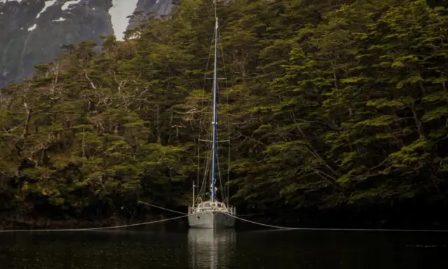 Voilier ancré dans un fjord, entouré d'une forêt dense. La chaîne du cablot, avec son épissure à 3 torons, assure la stabilité.