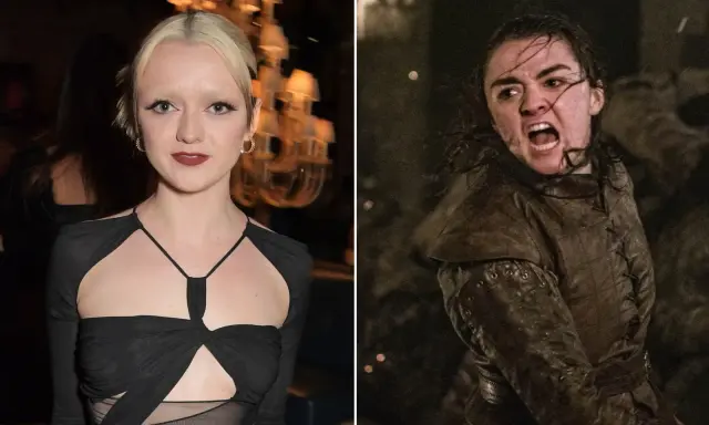 Maisie Williams, som spelade Arya Stark, i en svart klänning och i rollen som Arya Stark i strid.