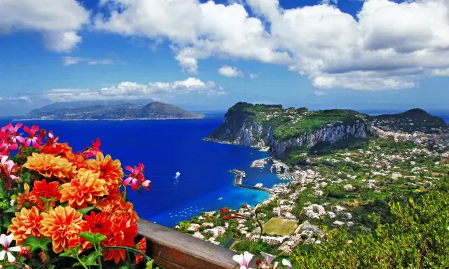 Splendida capri vista da napoli, con fiori colorati in primo piano e il mare blu intenso.