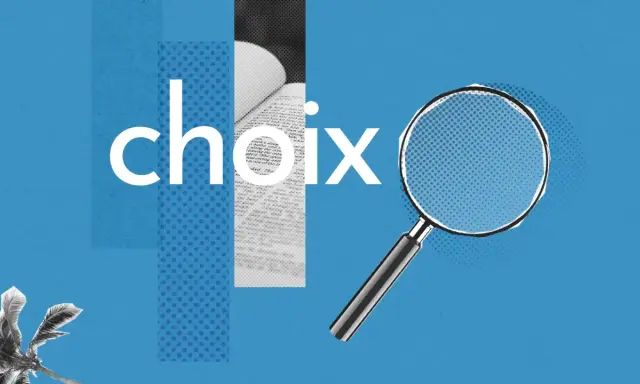 Une loupe examine le mot "choix" sur un fond bleu, comme pour trouver un synonyme.