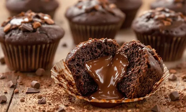 Un muffin au chocolat fondant, parfait pour une recette gourmande. Le cœur coulant de chocolat invite à la dégustation.