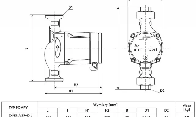 Schemat pompy z wymiarami: L, I, H1, H2, B, D1, D2. Tabela wyjaśnia, co oznaczają symbole na pompie, podając wymiary w mm i masę.