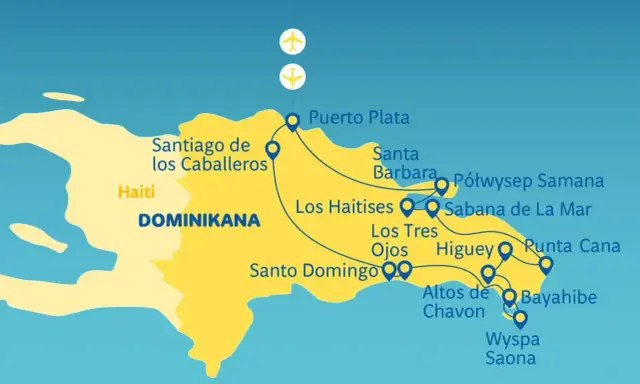 Mapa turystyczna Dominikany z zaznaczonymi trasami i lotniskami. Widoczne miasta: Puerto Plata, Santiago, Santo Domingo, Punta Cana.