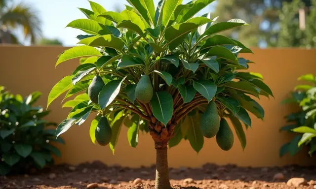 Un jeune avocatier porte déjà des fruits verts. Il est prêt à être planté en terre pour une récolte abondante.