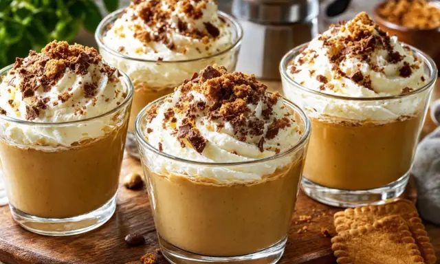 Quatre verres de café liégeois, garnis de crème fouettée et de miettes de chocolat et de biscuits.
